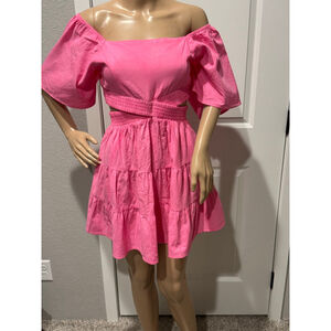 Women's Shy Velvet Pink Off-Shoulder cut-out Mini Dress M tiered skirt